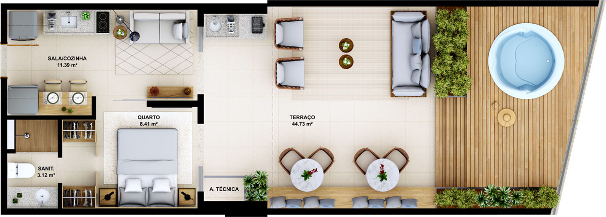 Quarto e sala com terraço e área gourmet - 67.65m²