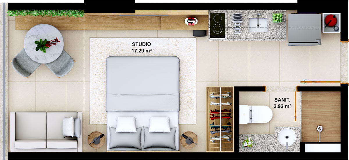 Studio com varanda integrada - 20.21m²